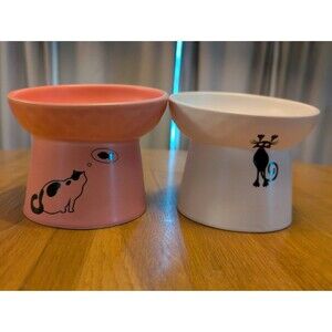 Cat Food Bowl Set Tilted Elevated White & Pink Ceramic Cute!! 5"X4"